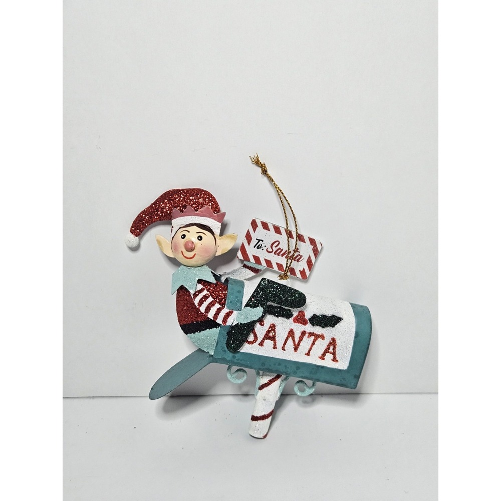 Pier 1 Imports Christmas Ornament Sparkly Elf In Mailbox Metal Tin Glitter Rare